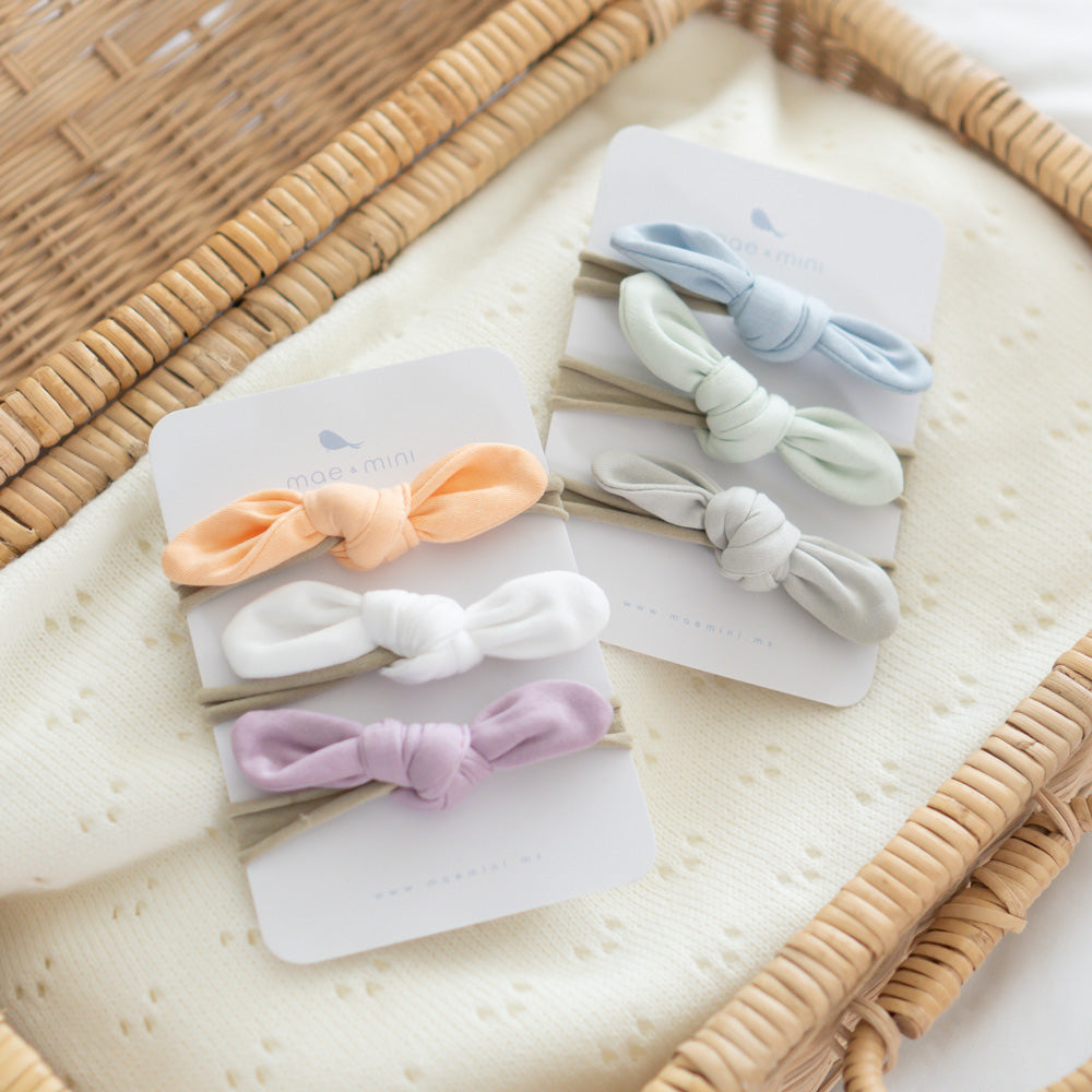 Mini Moñitos Nudo en Amarillo Bebé - Melón -Lavanda - algodon pima certificado GOTS